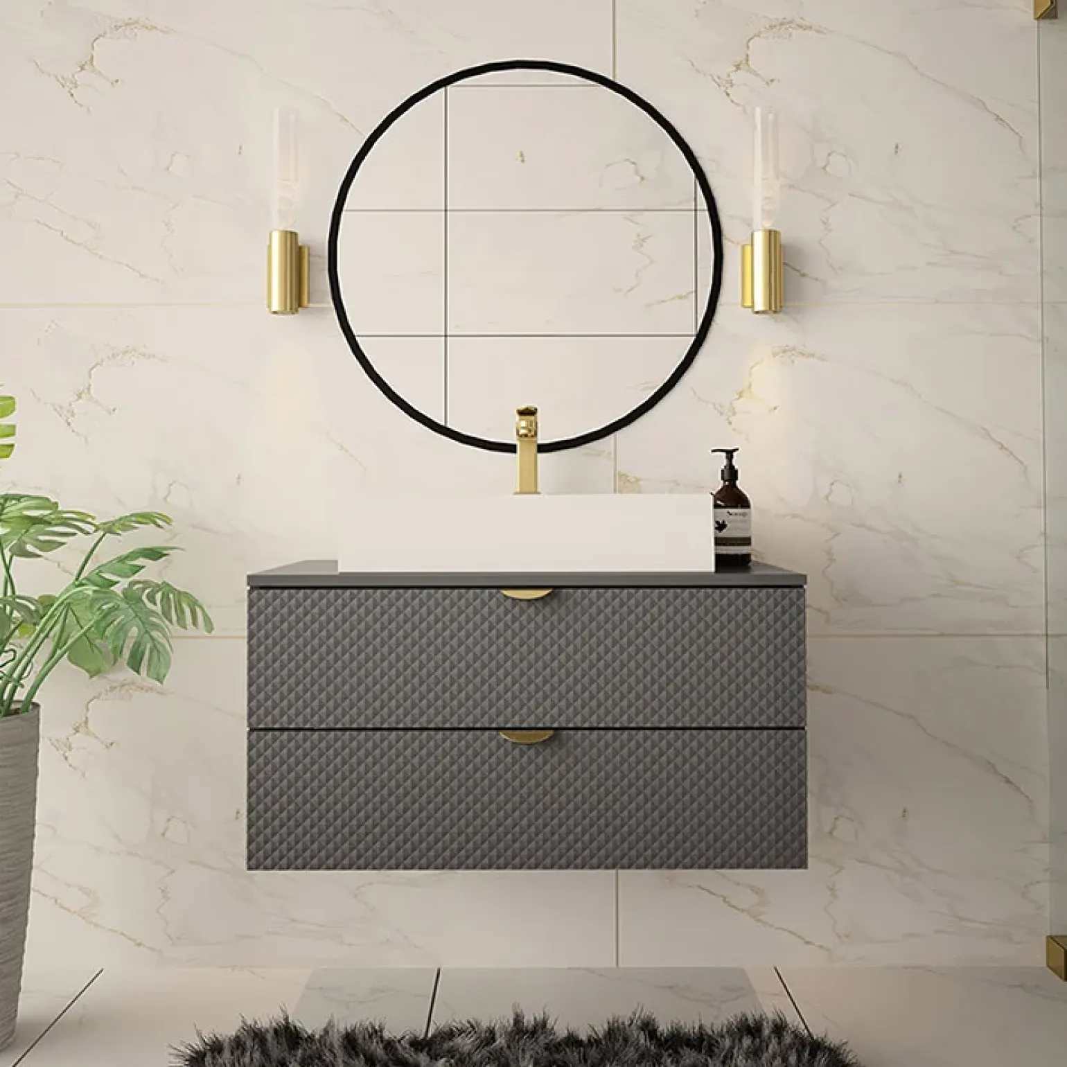 Mobile bagno sospeso 80cm con lavabo 2 cassetti grigio Hakone 4