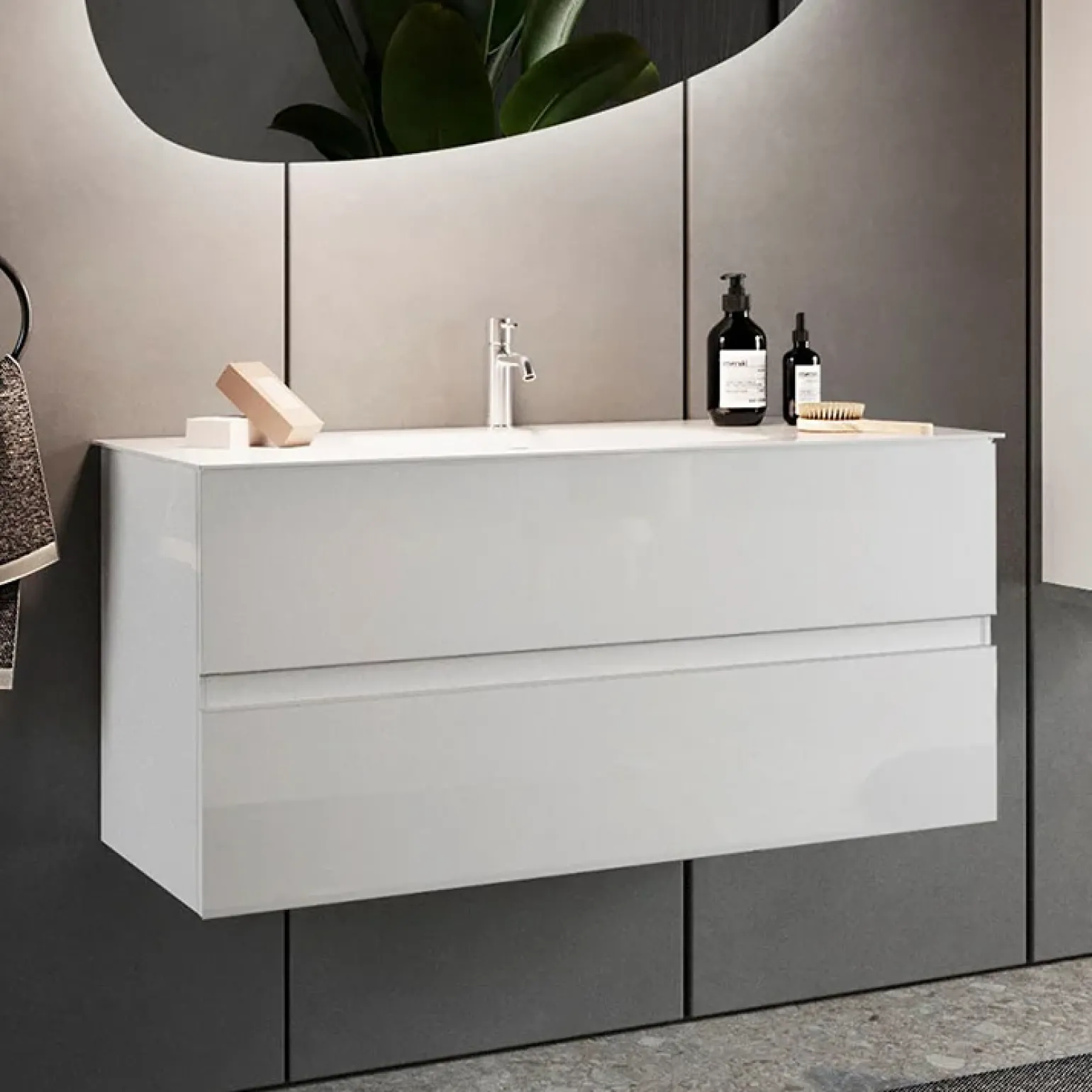 Mobile bagno sospeso 100cm con lavabo 2 cassetti bianco lucido Moon