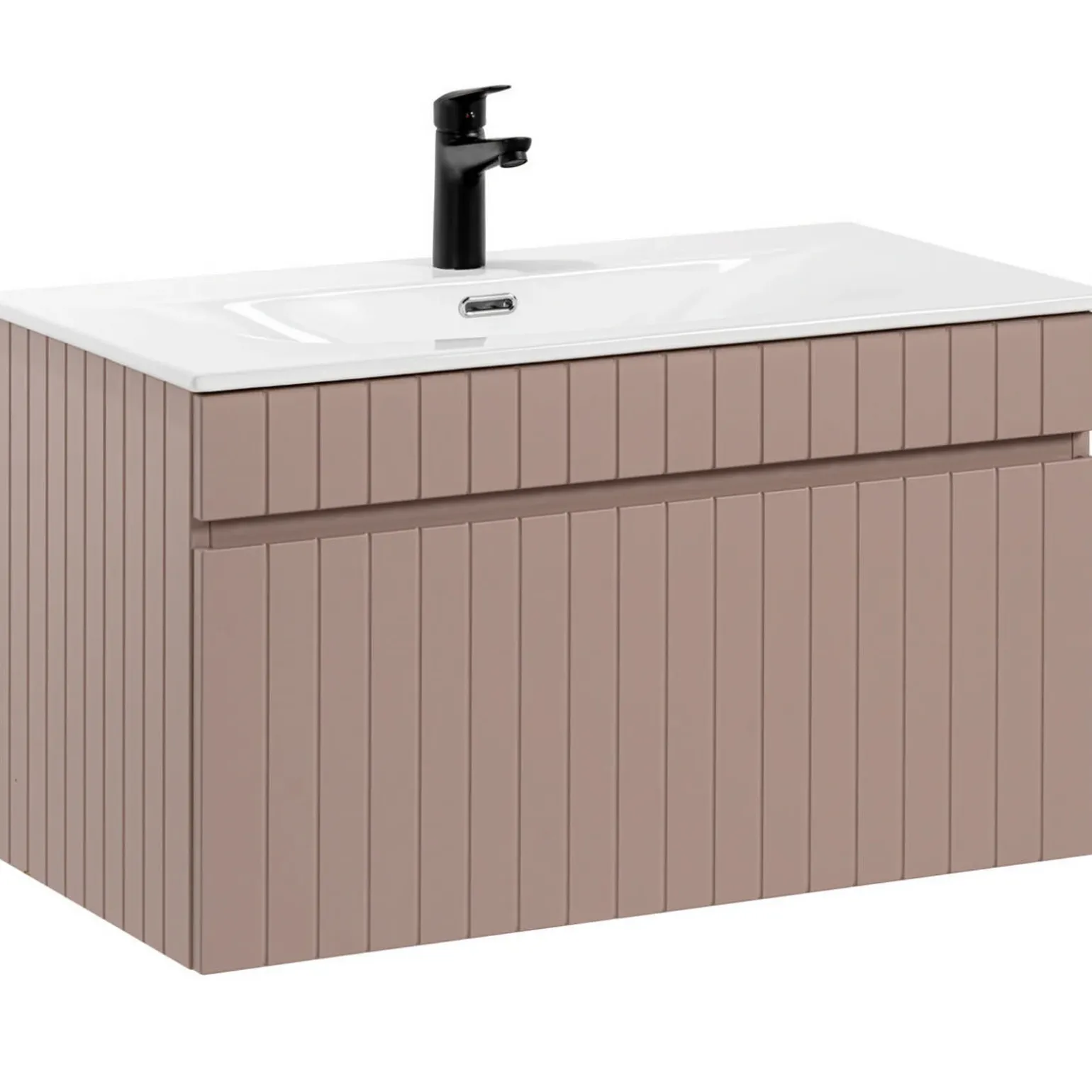 Mobile bagno sospeso 80cm cannettato con lavabo da incasso, colonna e specchio rosa Autentic