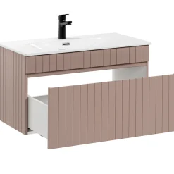 Mobile bagno sospeso 80cm cannettato con lavabo da incasso, colonna e specchio rosa Autentic