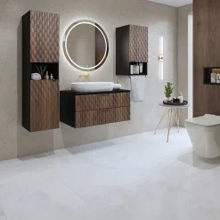 Mobile bagno sospeso 82cm con colonna e pensile nero frontali noce decorati Silvy