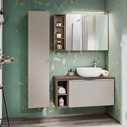 Mobile bagno sospeso 80cm con lavabo, mobile specchio e colonna grigio quercia Serif
