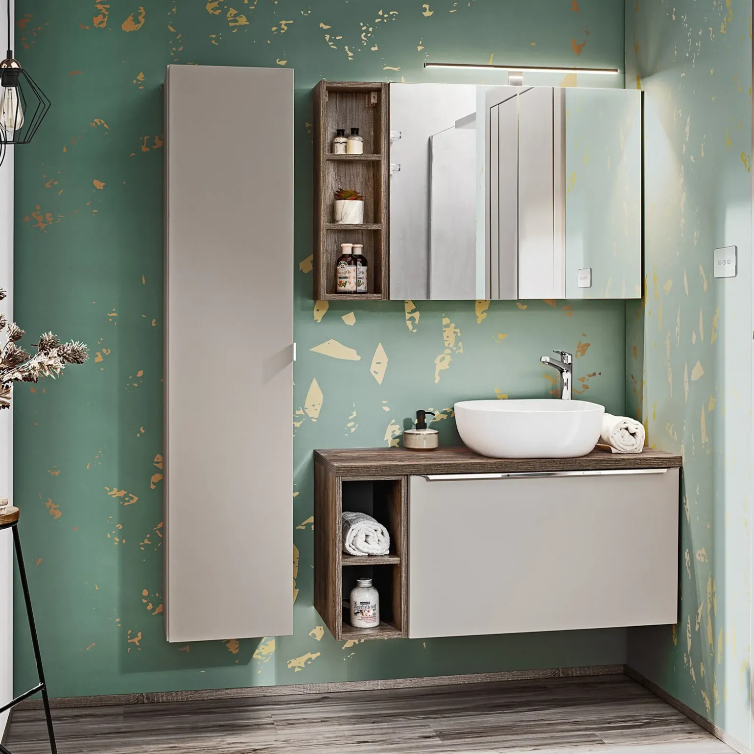 Mobile bagno sospeso 80cm con lavabo, mobile specchio e colonna grigio quercia Serif