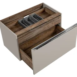 Mobile bagno sospeso 80cm con lavabo, mobile specchio e colonna grigio quercia Serif