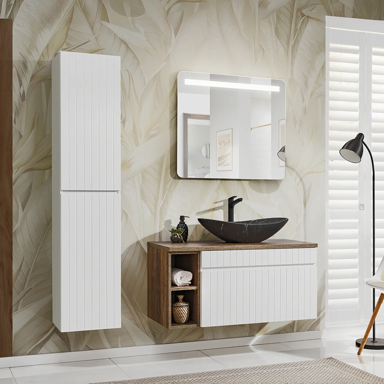 Mobile bagno sospeso 100cm cannettato con lavabo, colonna e specchio bianco quercia Autentic