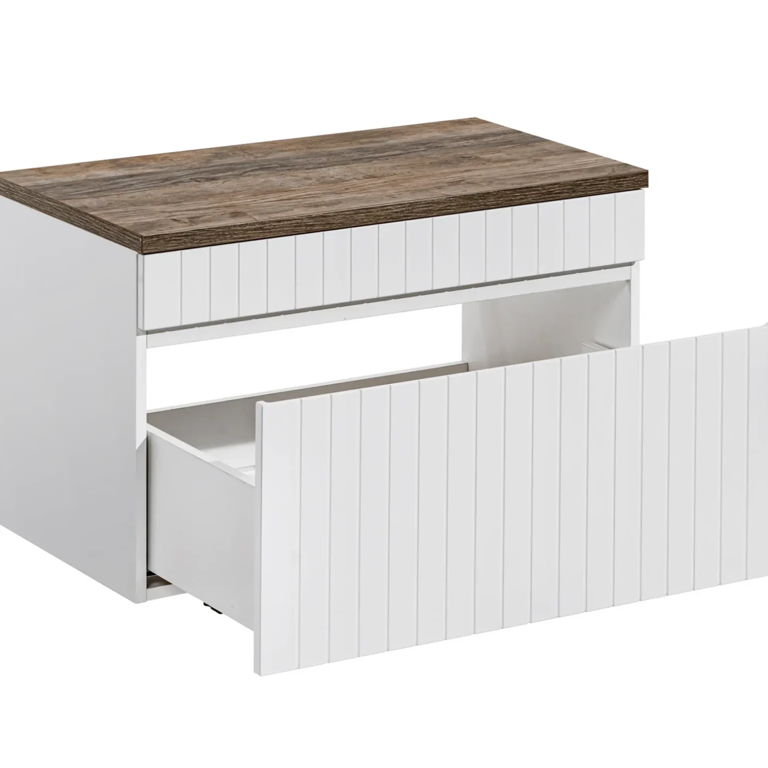Mobile bagno sospeso 100cm cannettato con lavabo, colonna e specchio bianco quercia Autentic