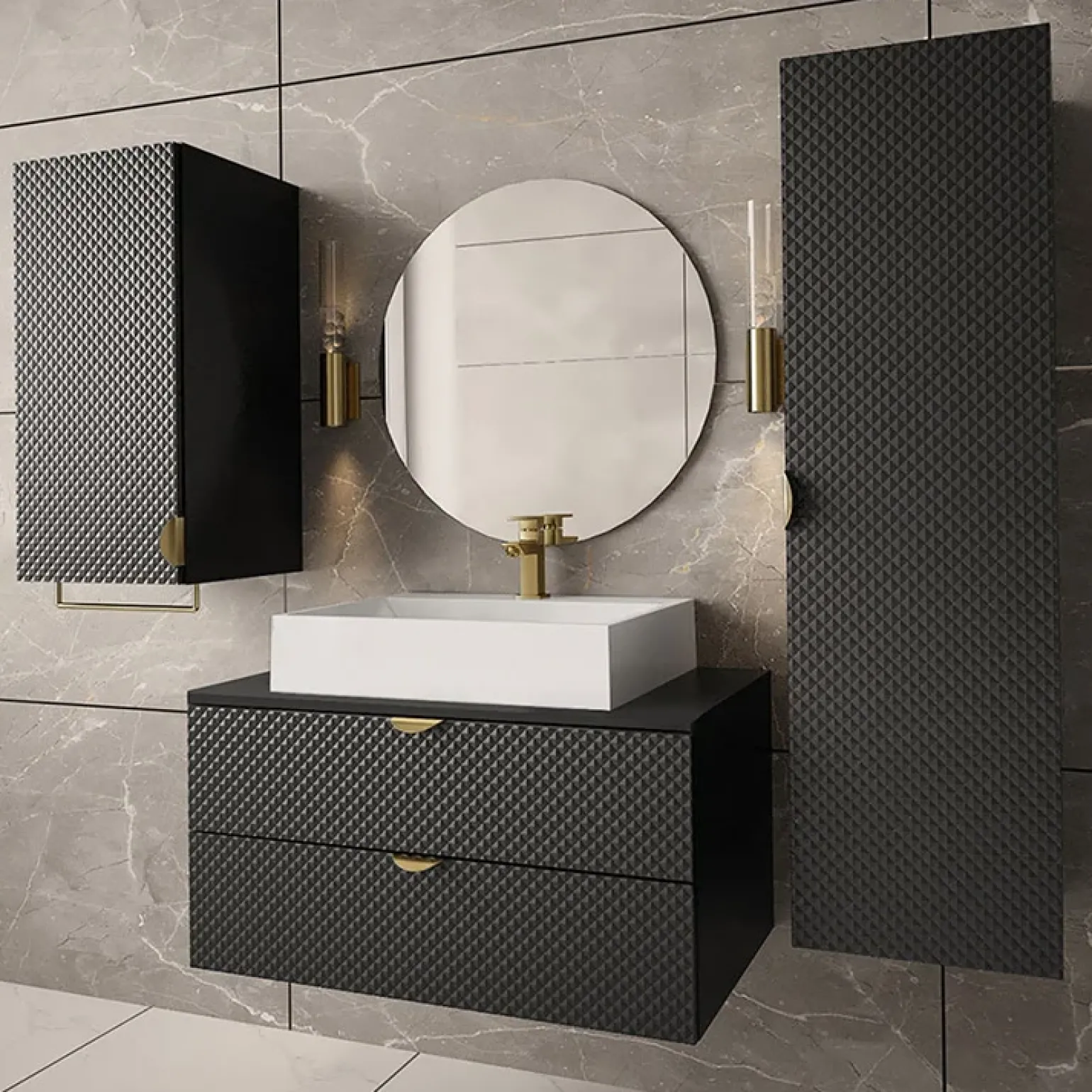 Mobile bagno sospeso 80cm con colonna e pensile nero Hakone