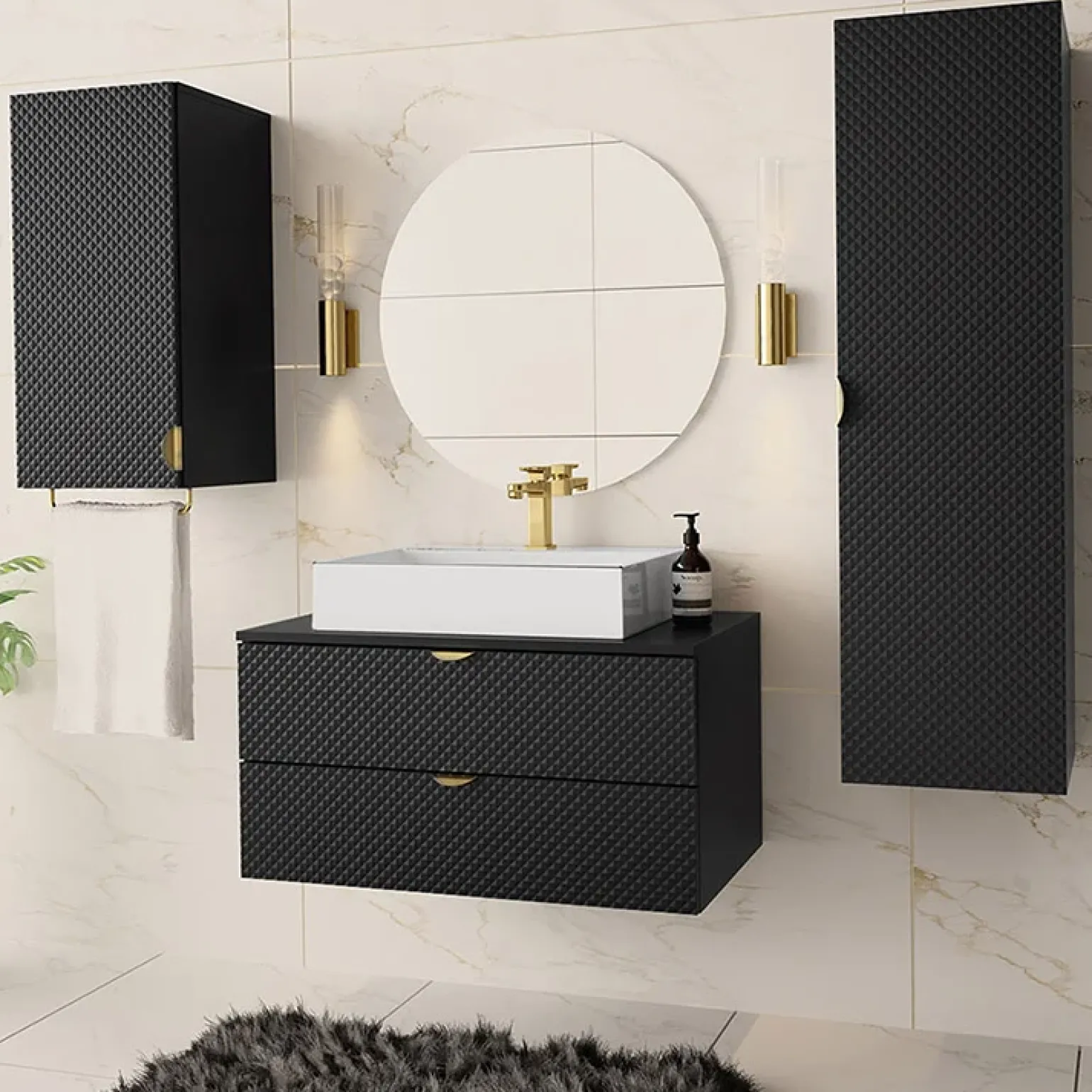 Mobile bagno sospeso 80cm con colonna e pensile nero Hakone