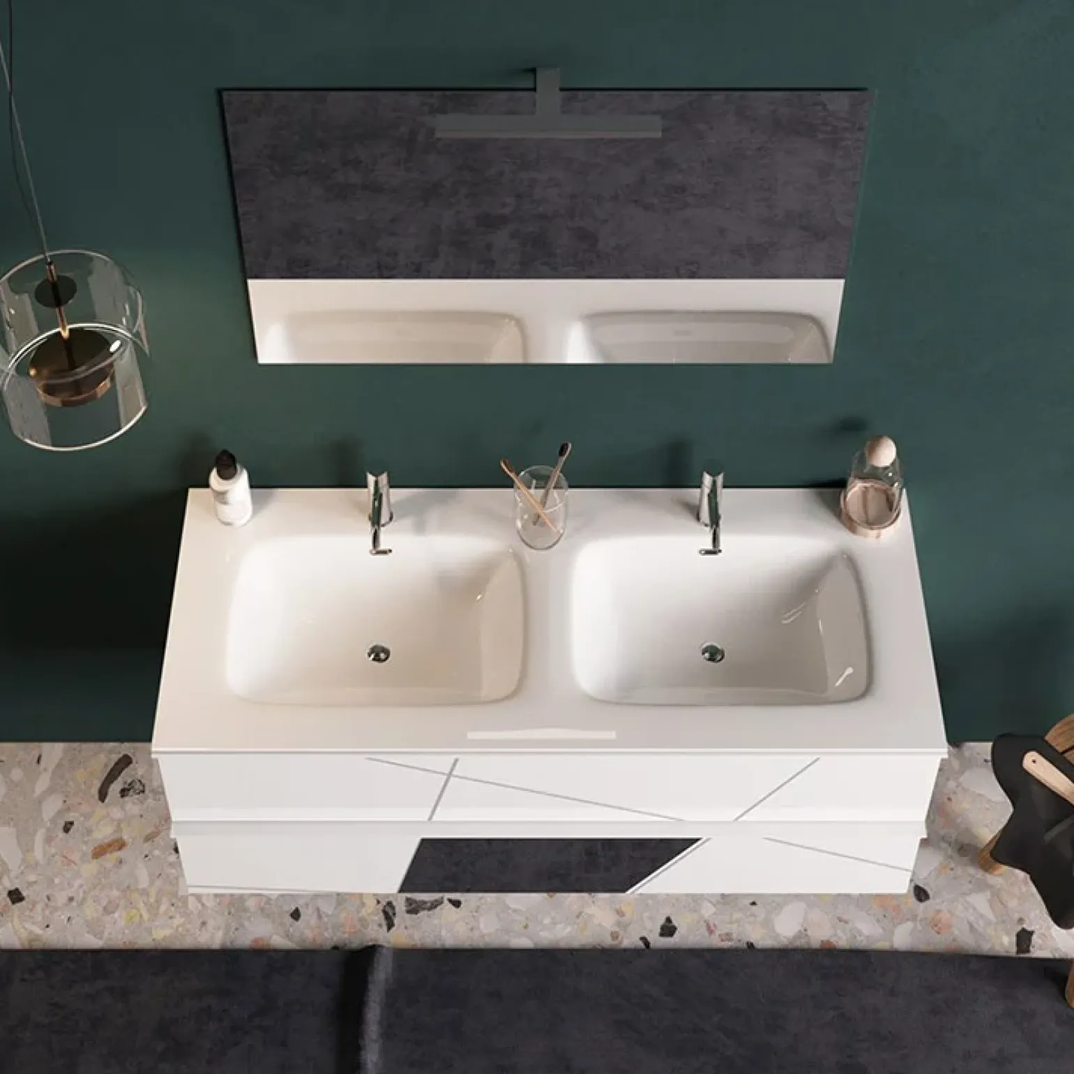 Mobile bagno sospeso 120cm con doppio lavabo bianco lucido specchi Olimpo