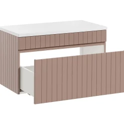 Mobile bagno sospeso 100cm cannettato con lavabo, colonna e specchio rosa Autentic