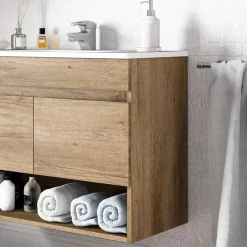 Mobile bagno sospeso 80cm con lavabo e specchio rovere nordik Dexter