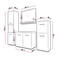 Mobile bagno sospeso 60cm con lavabo, specchio e 2 colonne rovere grigio Saturnia