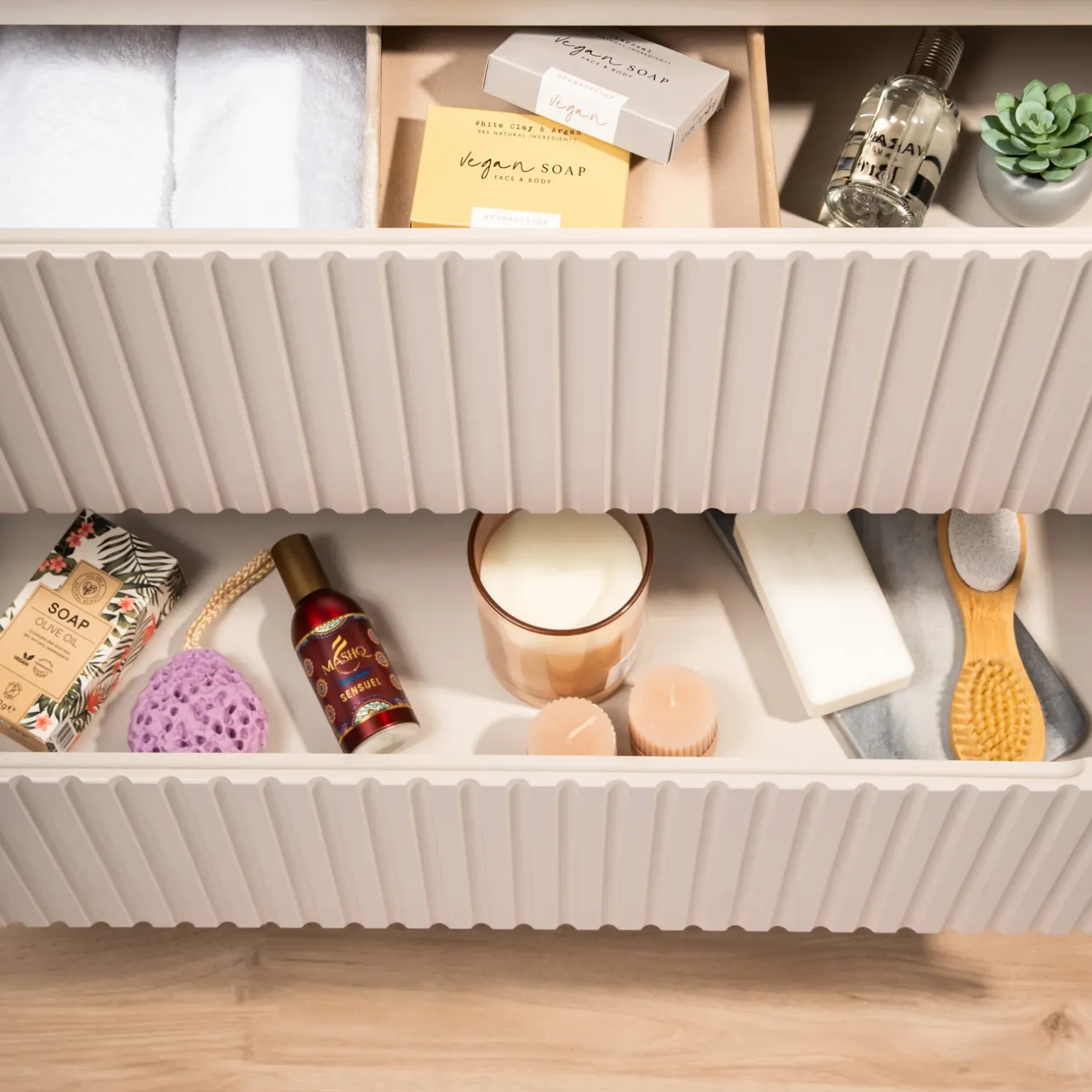 Mobile bagno sospeso 60cm cannettato 2 cassetti beige rovere Cleany