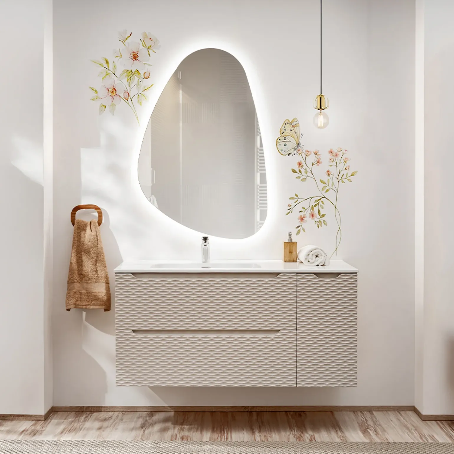 Mobile bagno sospeso 120cm con lavabo da incasso beige rovere Swim