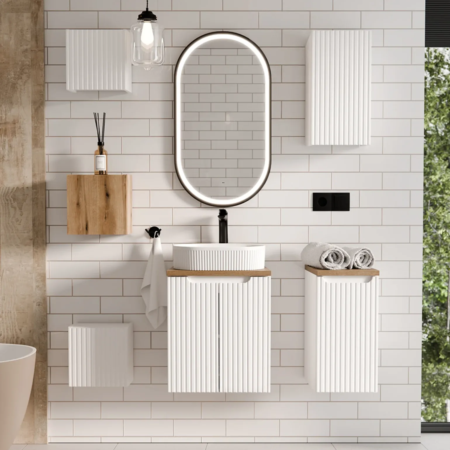 Mobile bagno sospeso 50cm cannettato 2 ante bianco rovere Cleany