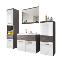 Mobile bagno sospeso 60cm con lavabo, specchio e colonne bianco lucido grigio scuro Loretta