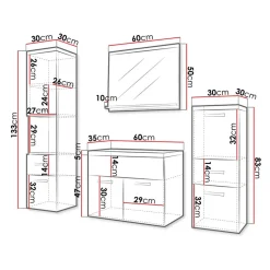 Mobile bagno sospeso 60cm con lavabo, specchio e colonne bianco lucido grigio scuro Loretta