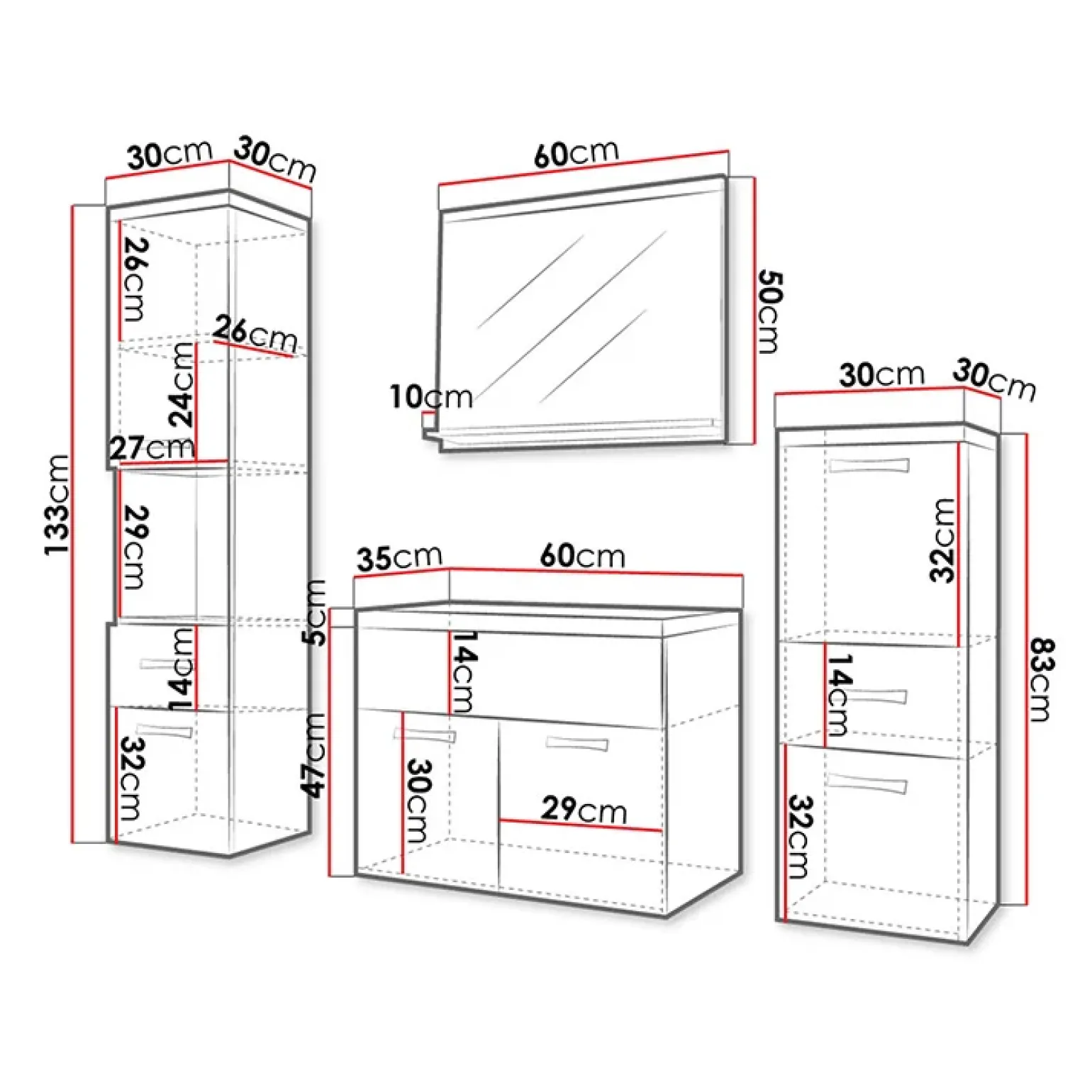 Mobile bagno sospeso 60cm con lavabo, specchio e colonne bianco lucido grigio scuro Loretta