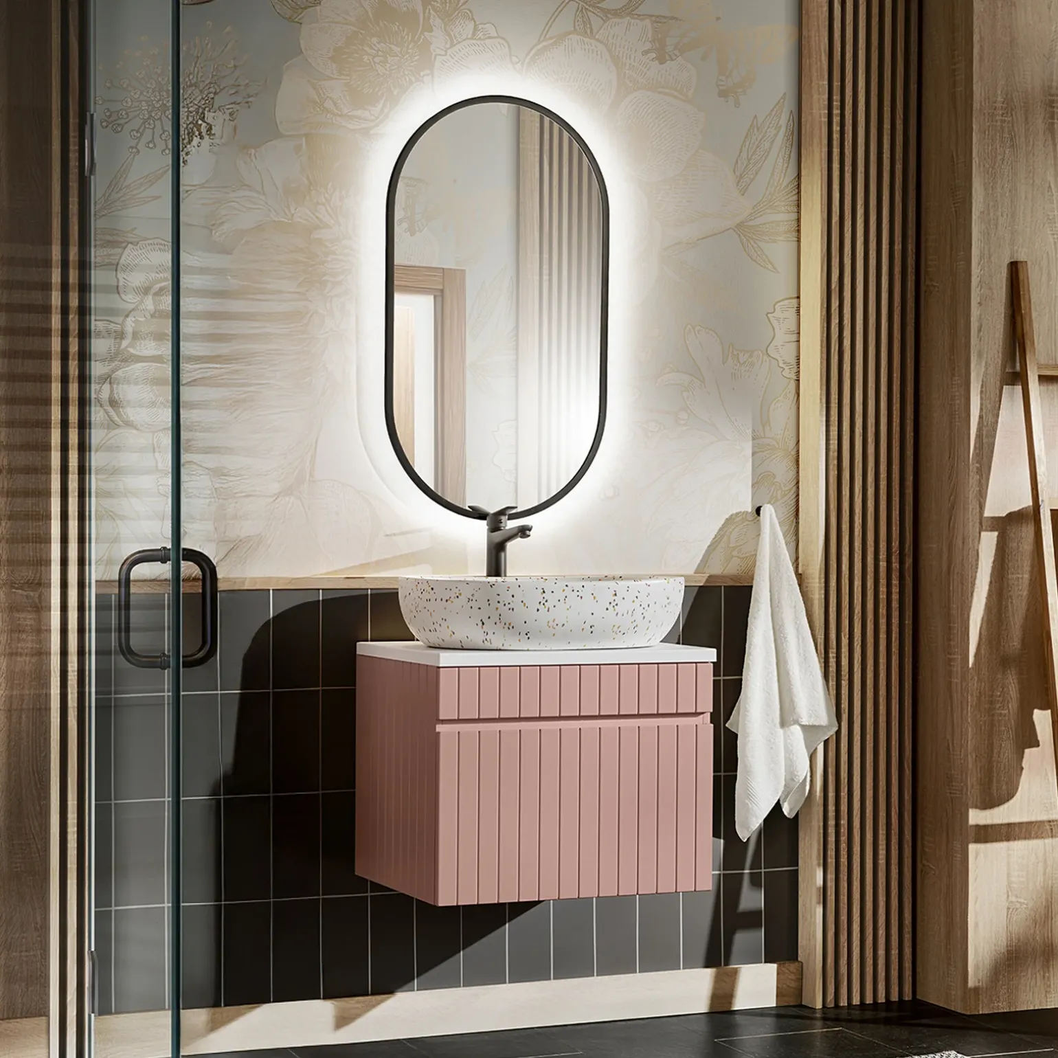 Mobile bagno sospeso 60cm cannettato 1 cassettone rosa Autentic
