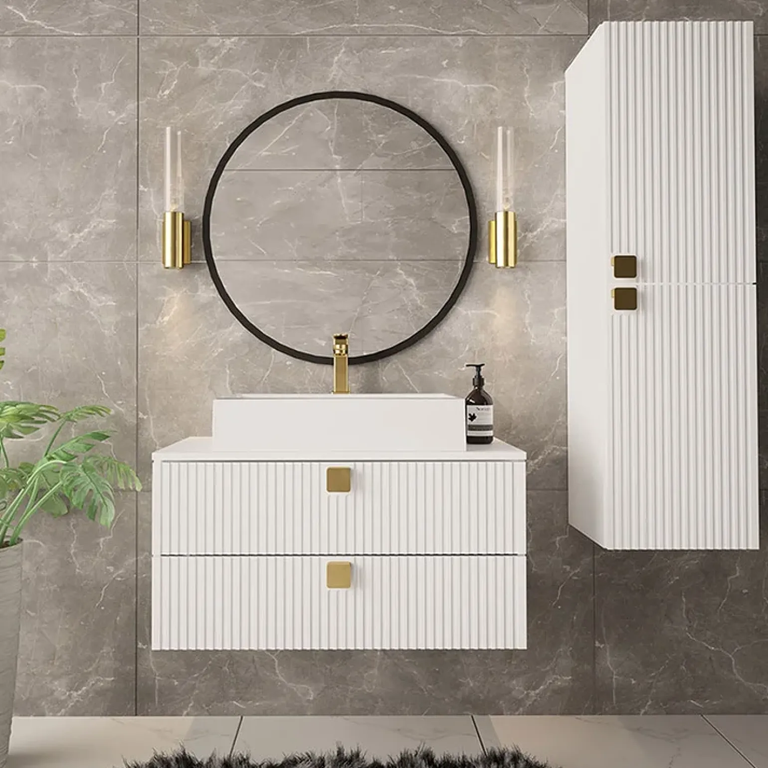 Mobile bagno sospeso 80cm con colonna 2 cassetti bianco Bursa 2