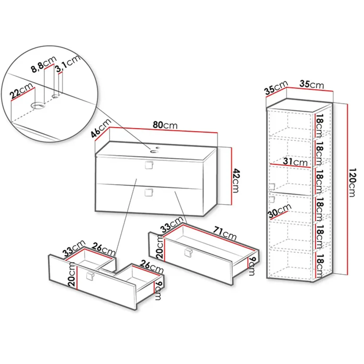 Mobile bagno sospeso 80cm con colonna 2 cassetti bianco Bursa 2
