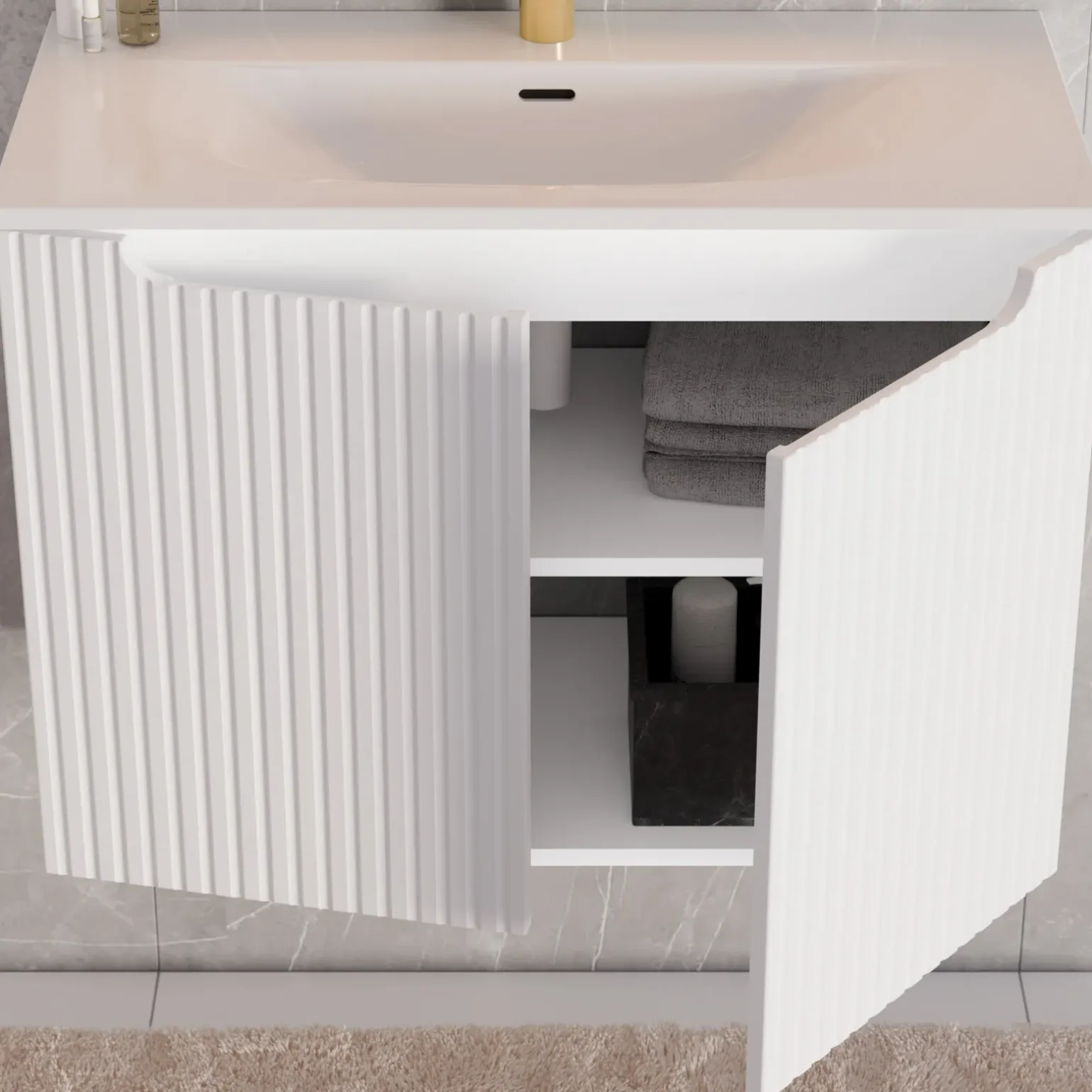 Mobile bagno sospeso 80cm cannettato con lavabo 2 ante bianco Cleany