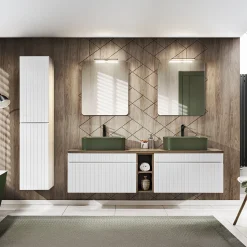 Mobile bagno sospeso 180cm cannettato con 2 lavabi, colonna e 2 specchi bianco quercia Autentic
