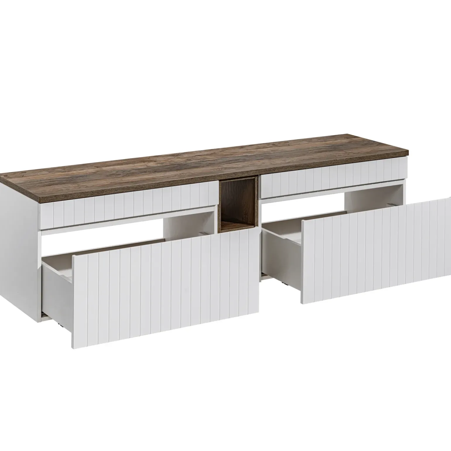 Mobile bagno sospeso 180cm cannettato con 2 lavabi, colonna e 2 specchi bianco quercia Autentic