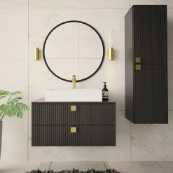 Mobile bagno sospeso 80cm con colonna 2 cassetti nero Bursa 2