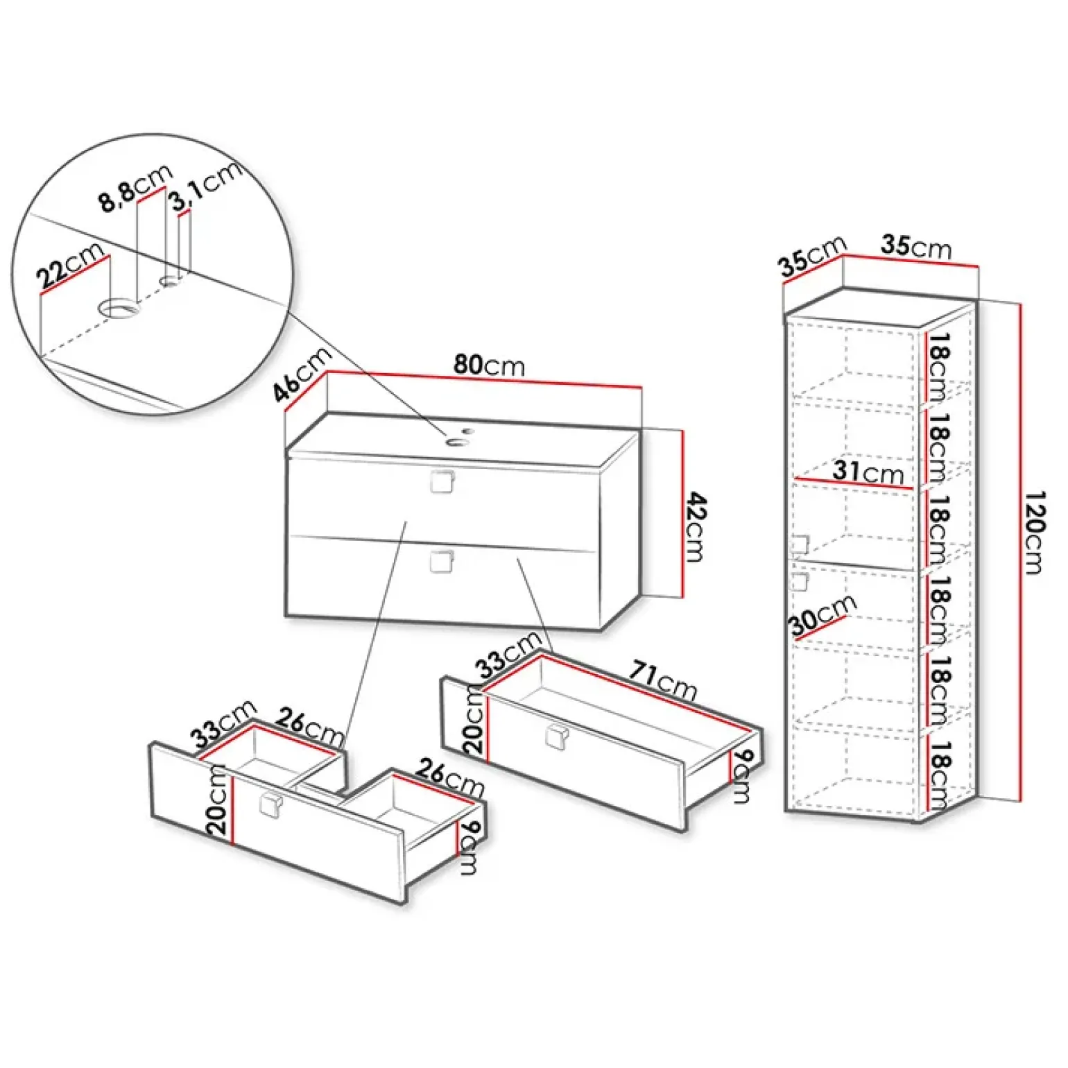 Mobile bagno sospeso 80cm con colonna 2 cassetti nero Bursa 2