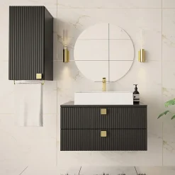 Mobile bagno sospeso 80cm con pensile 2 cassetti nero Bursa 3