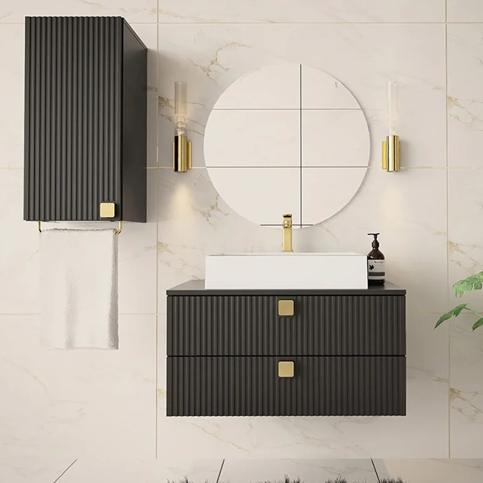 Mobile bagno sospeso 80cm con pensile 2 cassetti nero Bursa 3