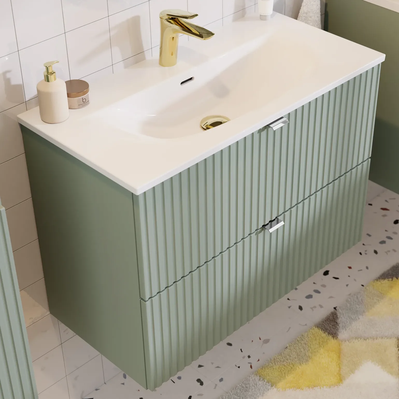 Mobile bagno sospeso 60cm cannettato con lavabo 2 cassetti verde salvia Greeny