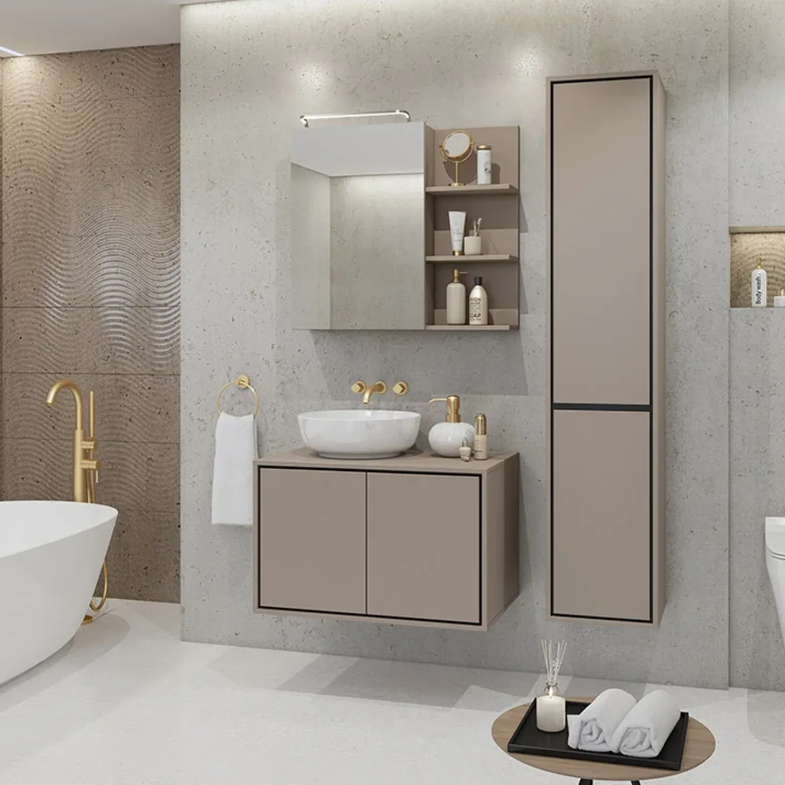 Mobile bagno sospeso 78cm con specchio e colonna tortora nero Linda