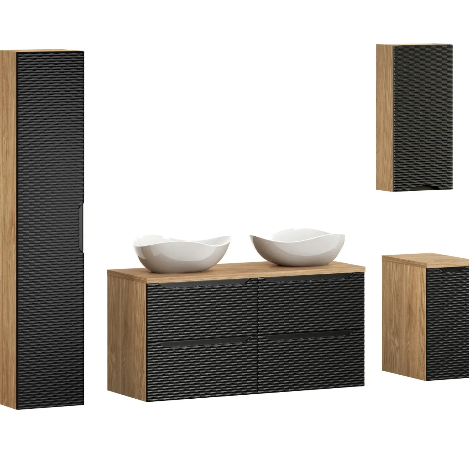 Mobile bagno sospeso 120cm con 2 lavabi, colonna, pensile e base sospesa nero rovere Swim
