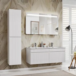 Mobile bagno sospeso 120cm cannettato con 2 lavabi 2 cassettoni bianco Autentic