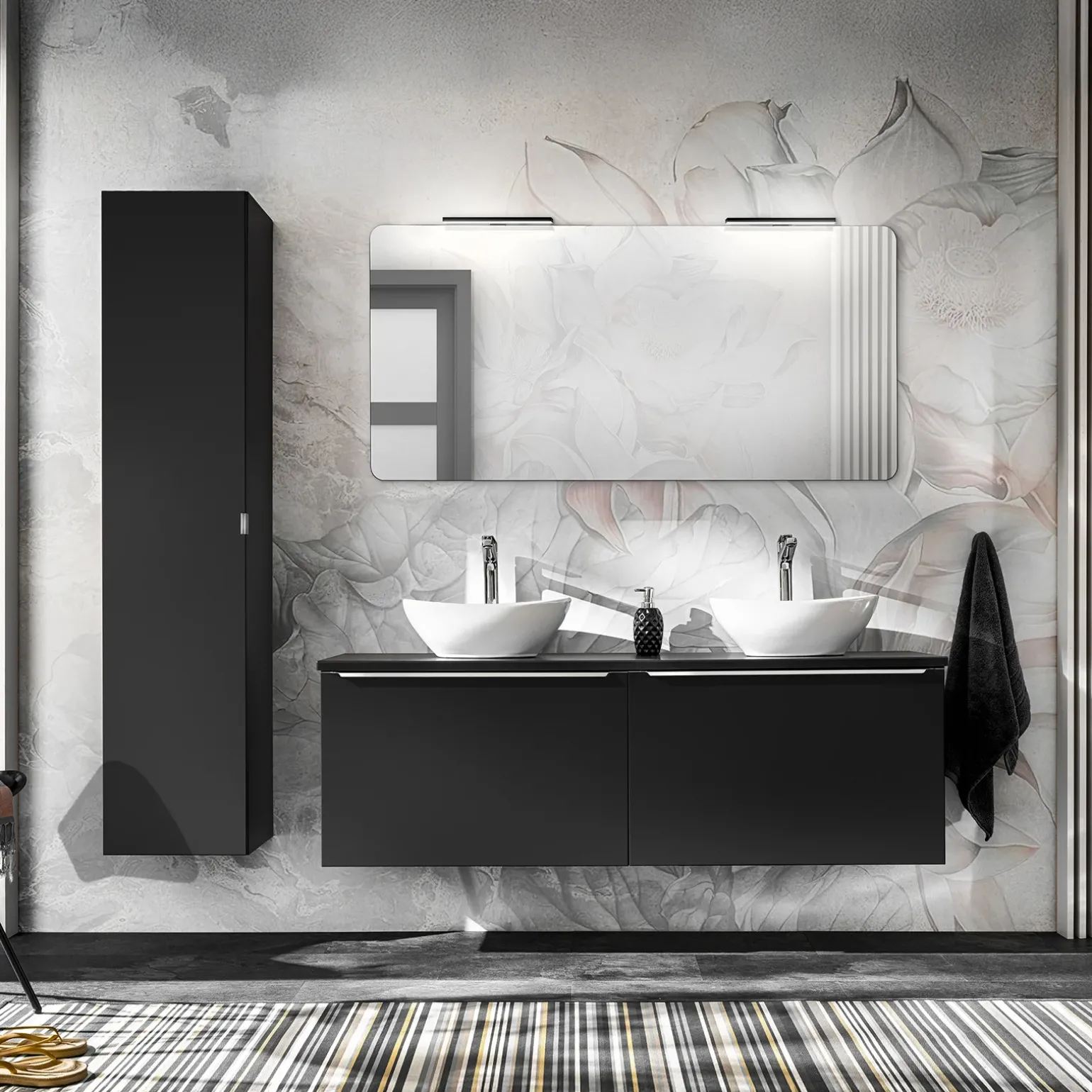 Mobile bagno sospeso 120cm con 2 lavabi, specchio e colonna nero Serif