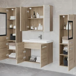 Mobile bagno sospeso 60cm con lavabo, specchio e 2 colonne rovere chiaro Luz