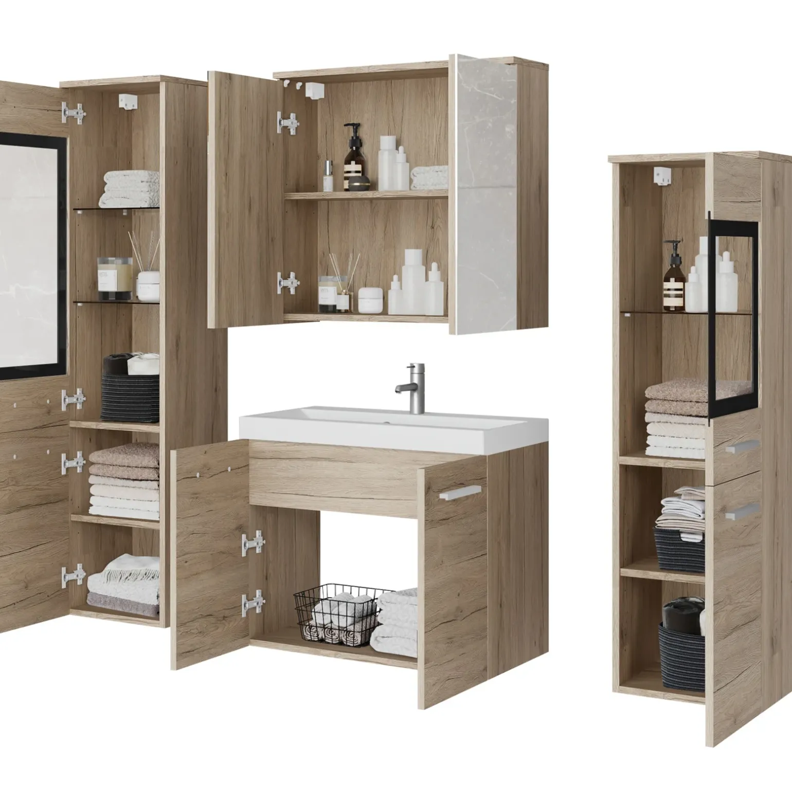 Mobile bagno sospeso 60cm con lavabo, specchio e 2 colonne rovere chiaro Luz