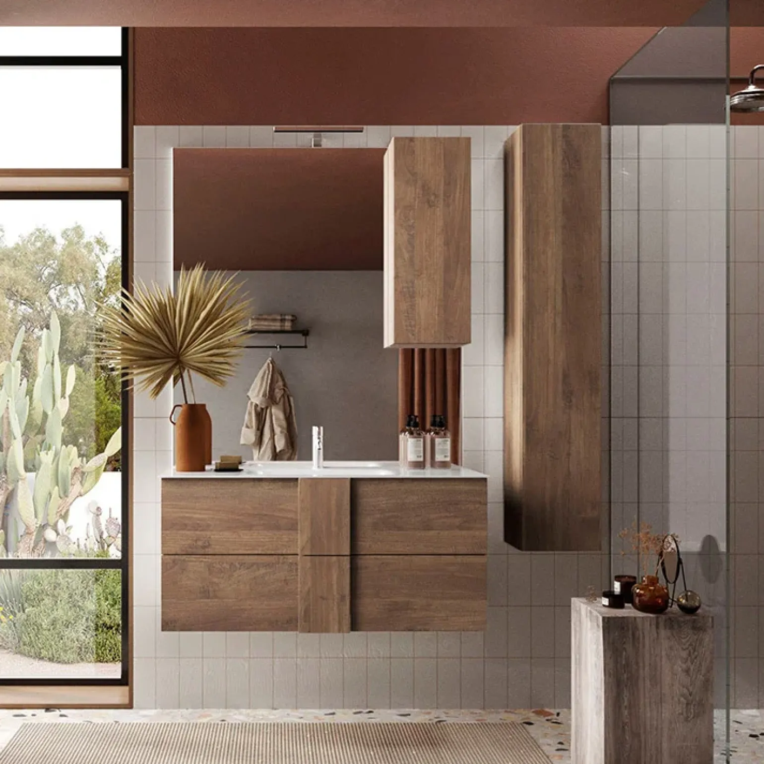 Mobile bagno sospeso 100cm con lavabo 2 cassetti rovere Alvarez