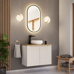 Mobile bagno sospeso 80cm cannettato 2 ante bianco rovere Cleany
