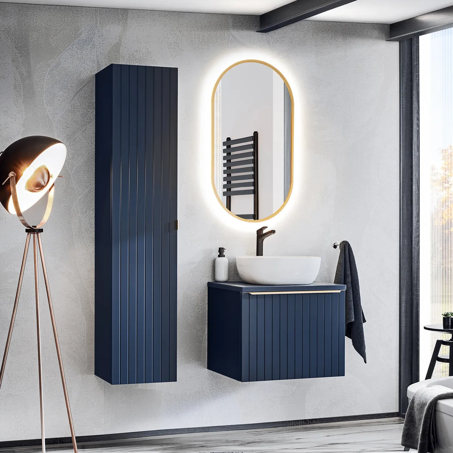 Mobile bagno sospeso 60cm con lavabo, specchio e colonna cannettato blu Deep