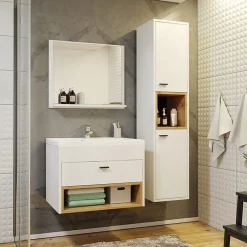 Mobile bagno sospeso 60cm con lavabo, specchio e colonna bianco rovere Florentina