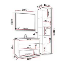 Mobile bagno sospeso 60cm con lavabo, specchio e colonna bianco rovere Florentina