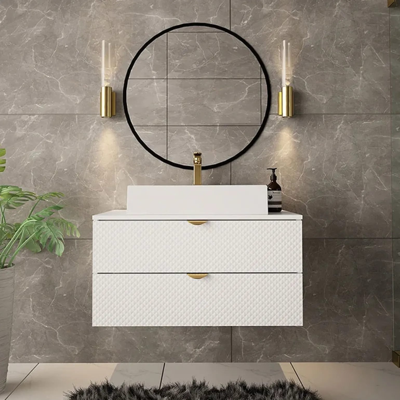 Mobile bagno sospeso 80cm con lavabo 2 cassetti bianco Hakone 4
