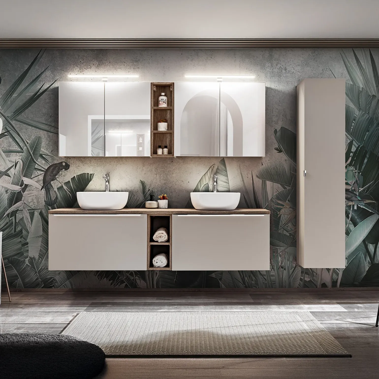 Mobile bagno sospeso 180cm con 2 lavabi, 2 mobili specchio e colonna grigio quercia Serif