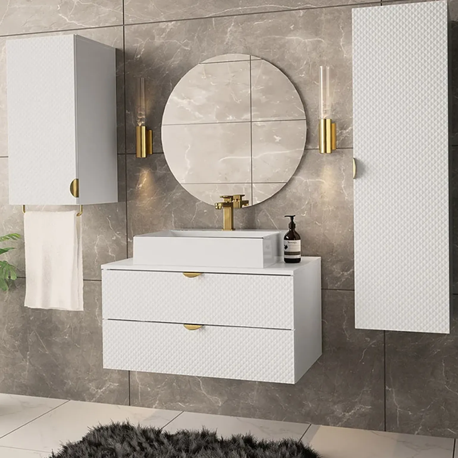 Mobile bagno sospeso 80cm con colonna e pensile bianco Hakone