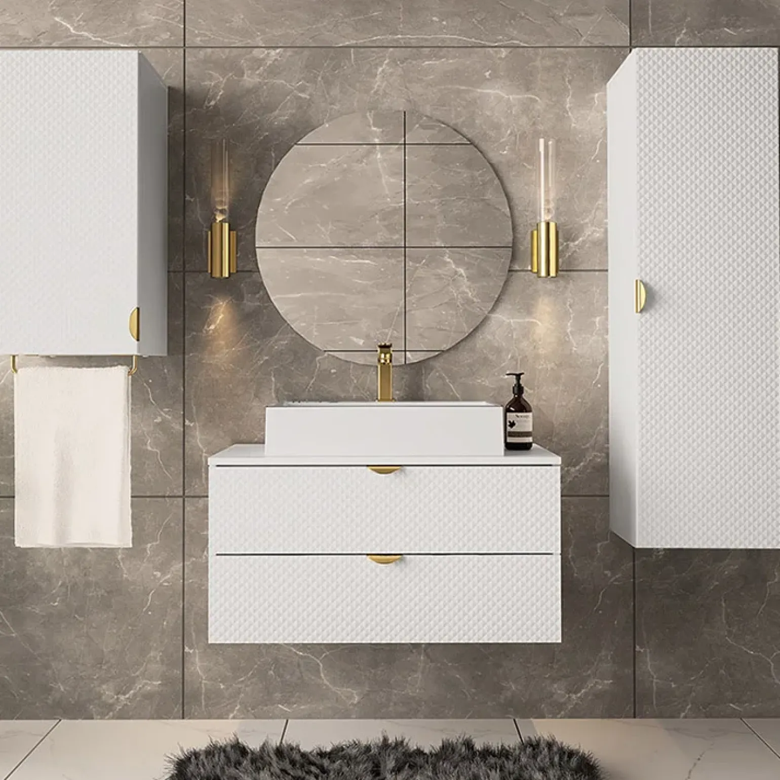 Mobile bagno sospeso 80cm con colonna e pensile bianco Hakone