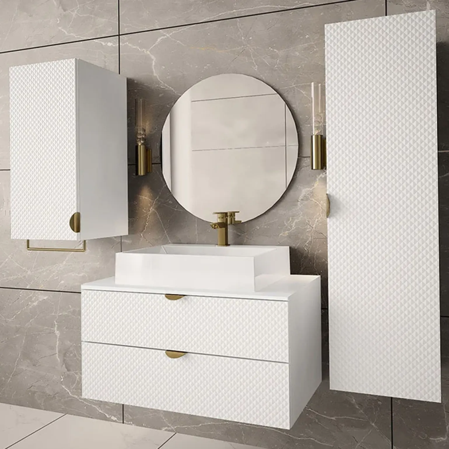 Mobile bagno sospeso 80cm con colonna e pensile bianco Hakone
