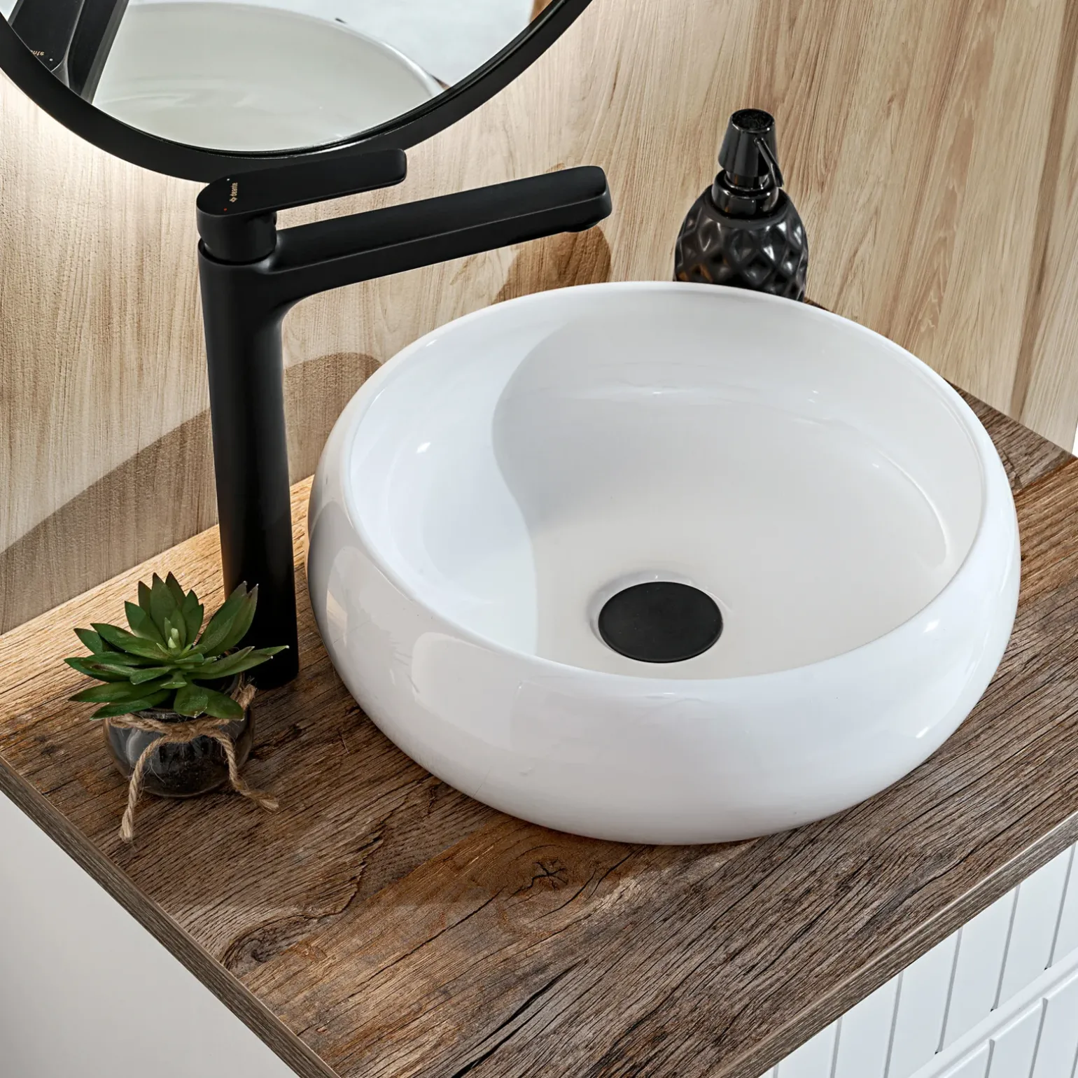 Mobile bagno sospeso 60cm cannettato con lavabo, colonna e specchio bianco Autentic